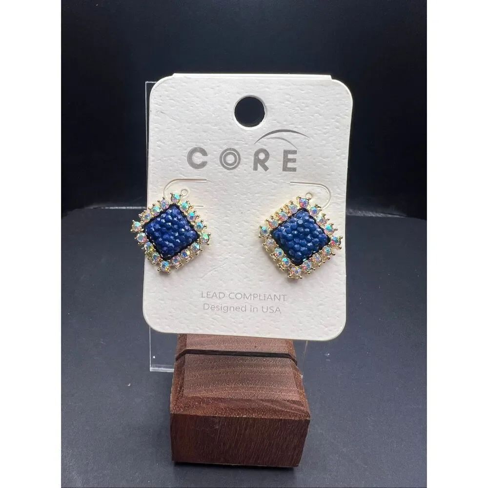 New! Core Gold Tone Diamond Shape Dark Blue Iridescent Rhinestone Earrings